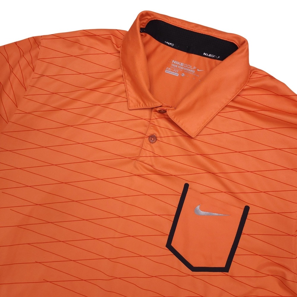 Nike Golf Polo Shirt Mens XL Orange Stripe Dri-FIT Pocket Tour Performance
